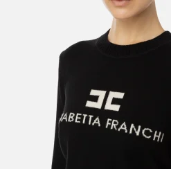 Maglieria E Felpe|Elisabetta Franchi Pullover in misto cashmere con logo Nero/Burro