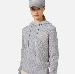 Maglieria E Felpe|Elisabetta Franchi Pullover in viscosa mouliné con cappuccio e patch logo Perla/Avorio