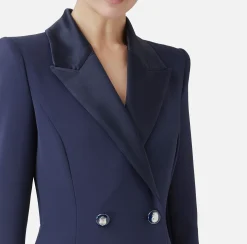 Mini Abiti|Robes Manteaux|Elisabetta Franchi Robe manteau in crêpe stretch con revers in raso Navy