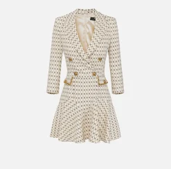 Mini Abiti|Robes Manteaux|Elisabetta Franchi Robe manteau in crêpe stretch stampa rombo con catena Burro/Nero