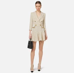 Mini Abiti|Robes Manteaux|Elisabetta Franchi Robe manteau in crêpe stretch stampa rombo con catena Burro/Nero