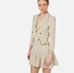 Mini Abiti|Robes Manteaux|Elisabetta Franchi Robe manteau in crêpe stretch stampa rombo con catena Burro/Nero