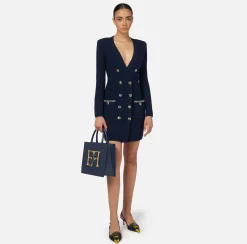 Mini Abiti|Abiti In Maglia|Elisabetta Franchi Robe manteau in lana bouclé con ricamo Navy