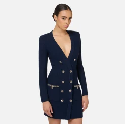 Mini Abiti|Abiti In Maglia|Elisabetta Franchi Robe manteau in lana bouclé con ricamo Navy