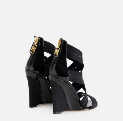 Sandali|Elisabetta Franchi Sandalo in pelle con zeppa e elastici jacquard Nero