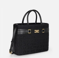 Borse A Mano|Elisabetta Franchi Shopper grande in tessuto jacquard con morsetto Nero