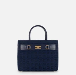 Borse A Mano|Elisabetta Franchi Shopper grande in tessuto jacquard con morsetto Navy