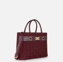 Borse A Mano|Elisabetta Franchi Shopper grande in tessuto jacquard con morsetto RougeNoir