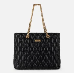 Borse A Spalla|Elisabetta Franchi Shopper in tessuto embossed con manici in catena Nero