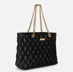 Borse A Spalla|Elisabetta Franchi Shopper in tessuto embossed con manici in catena Nero