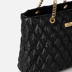 Borse A Spalla|Elisabetta Franchi Shopper in tessuto embossed con manici in catena Nero