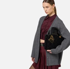 Borse A Mano|Elisabetta Franchi Shopper in tessuto flock con charms Nero