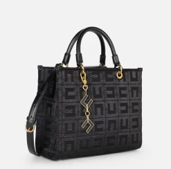 Borse A Mano|Elisabetta Franchi Shopper in tessuto jacquard con charms Nero