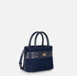 Borse A Mano|Elisabetta Franchi Shopper piccola in tessuto jacquard con morsetto Navy