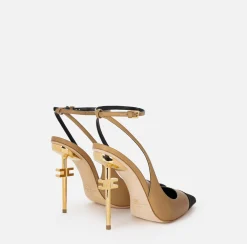 Décolleté|Elisabetta Franchi Slingback in nappa con tacco scultura Camel/Nero
