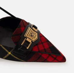 Décolleté|Elisabetta Franchi Slingback in pelle e tartan di lana Nero/RedPassion