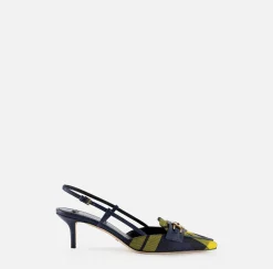 Décolleté|Elisabetta Franchi Slingback in pelle e tartan di lana Navy/Mimosa