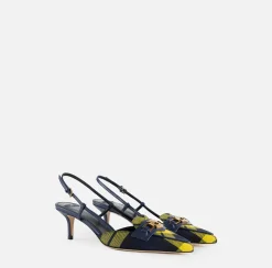 Décolleté|Elisabetta Franchi Slingback in pelle e tartan di lana Navy/Mimosa