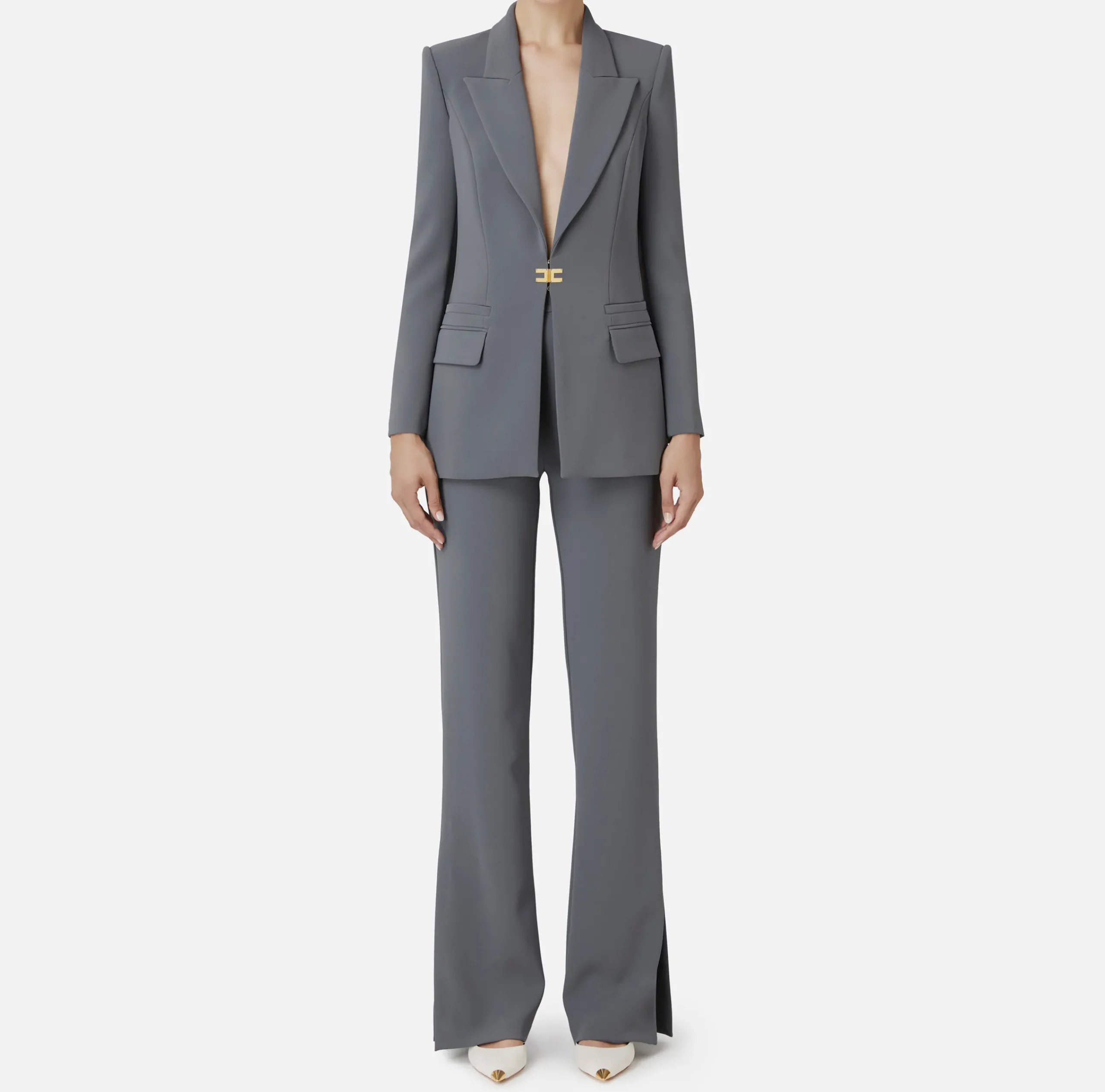 Tailleur|Elisabetta Franchi Tailleur in doppio crêpe stretch con giacca dritta e pantalone a palazzo Steel