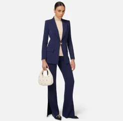 Tailleur|Elisabetta Franchi Tailleur in doppio crêpe stretch con giacca dritta e pantalone a palazzo Navy
