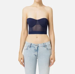 Top, T-Shirt & Body|Elisabetta Franchi Top a balconcino in crêpe e tulle con elastico Navy