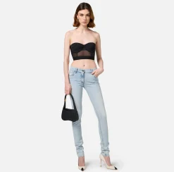 Top, T-Shirt & Body|Elisabetta Franchi Top a balconcino in crêpe e tulle con elastico Nero