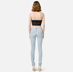 Top, T-Shirt & Body|Elisabetta Franchi Top a balconcino in crêpe e tulle con elastico Nero