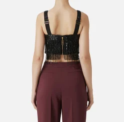 Top, T-Shirt & Body|Elisabetta Franchi Top a fascia in crêpe ricamato con paillettes Nero