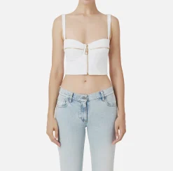 Top, T-Shirt & Body|Elisabetta Franchi Top balconcino in doppio crêpe con motivo di zip Avorio