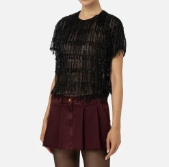 Top, T-Shirt & Body|Elisabetta Franchi Top boxy in tulle ricamato con paillettes Nero