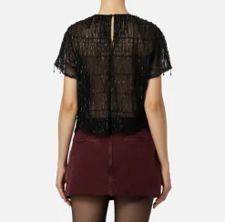 Top, T-Shirt & Body|Elisabetta Franchi Top boxy in tulle ricamato con paillettes Nero