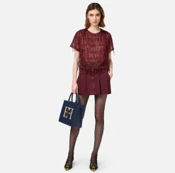Top, T-Shirt & Body|Elisabetta Franchi Top boxy in tulle ricamato con paillettes RougeNoir