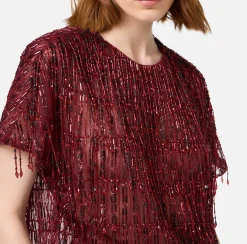 Top, T-Shirt & Body|Elisabetta Franchi Top boxy in tulle ricamato con paillettes RougeNoir
