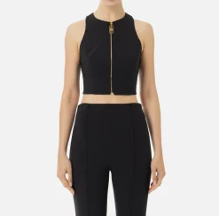 Top, T-Shirt & Body|Elisabetta Franchi Top cropped in doppio crêpe con zip Nero