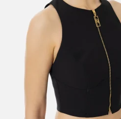Top, T-Shirt & Body|Elisabetta Franchi Top cropped in doppio crêpe con zip Nero