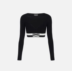 Maglieria E Felpe|Elisabetta Franchi Top cropped in viscosa con bande logo Nero/Burro