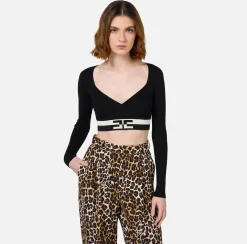 Maglieria E Felpe|Elisabetta Franchi Top cropped in viscosa con bande logo Nero/Burro