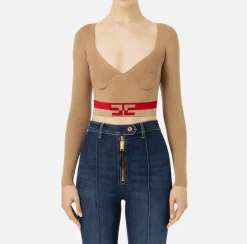 Maglieria E Felpe|Elisabetta Franchi Top cropped in viscosa con bande logo Camel/RedPassion