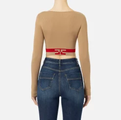 Maglieria E Felpe|Elisabetta Franchi Top cropped in viscosa con bande logo Camel/RedPassion