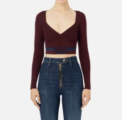 Maglieria E Felpe|Elisabetta Franchi Top cropped in viscosa con bande logo Oro