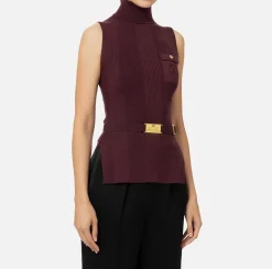 Maglieria E Felpe|Elisabetta Franchi Top dolcevita in lyocell e seta a costine con ricamo logo RougeNoir