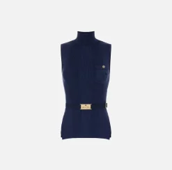 Maglieria E Felpe|Elisabetta Franchi Top dolcevita in lyocell e seta a costine con ricamo logo Navy