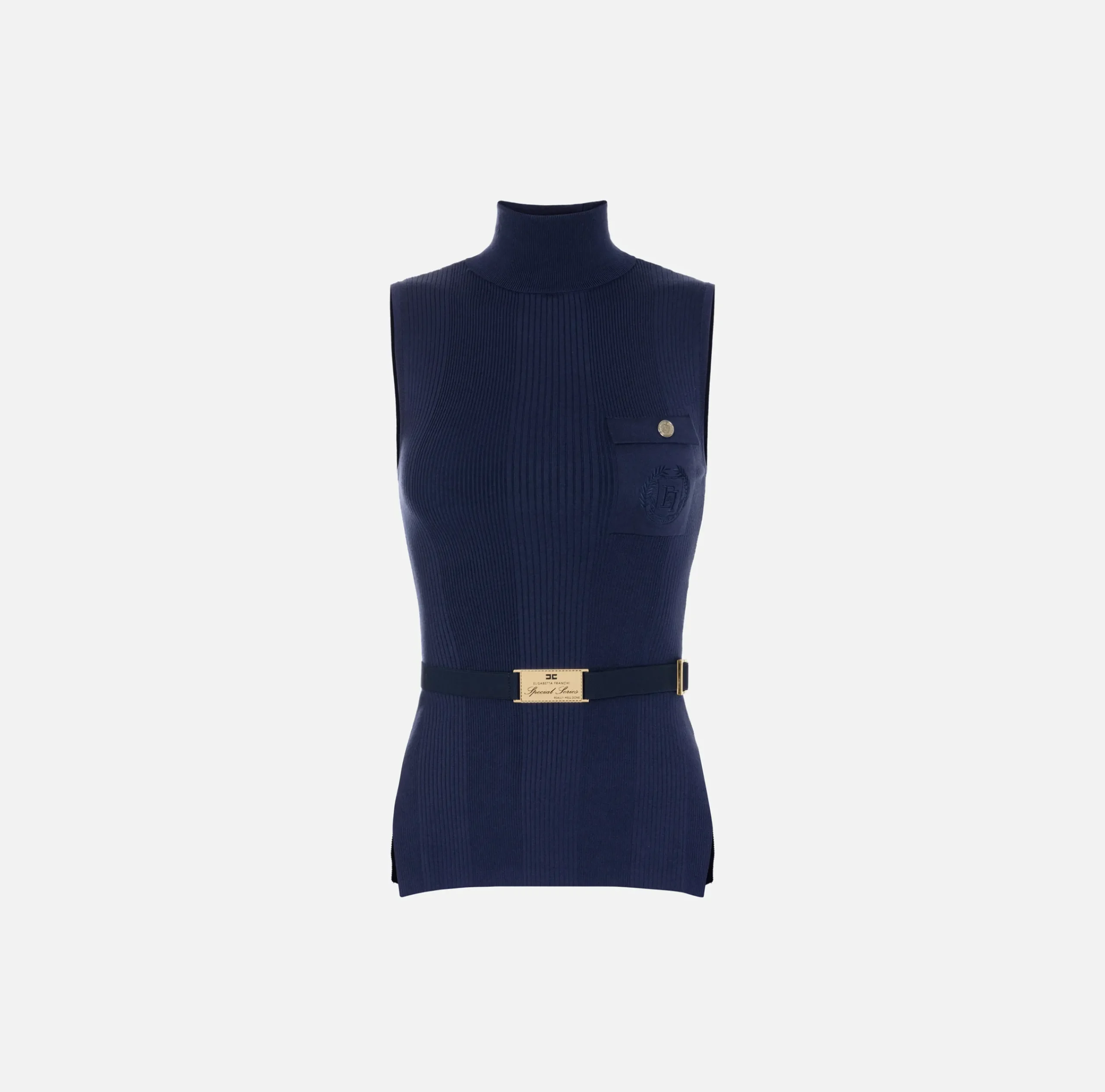 Maglieria E Felpe|Elisabetta Franchi Top dolcevita in lyocell e seta a costine con ricamo logo Navy