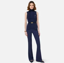Maglieria E Felpe|Elisabetta Franchi Top dolcevita in lyocell e seta a costine con ricamo logo Navy