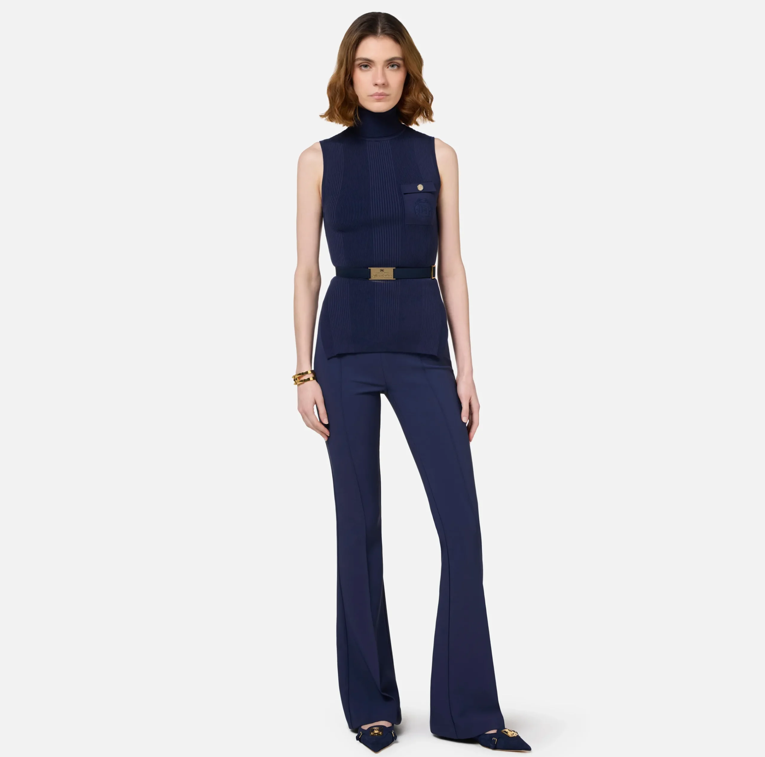 Maglieria E Felpe|Elisabetta Franchi Top dolcevita in lyocell e seta a costine con ricamo logo Navy