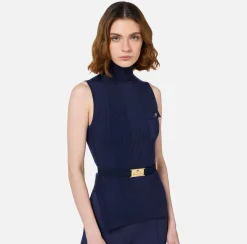 Maglieria E Felpe|Elisabetta Franchi Top dolcevita in lyocell e seta a costine con ricamo logo Navy