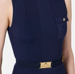 Maglieria E Felpe|Elisabetta Franchi Top dolcevita in lyocell e seta a costine con ricamo logo Navy
