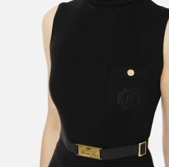 Maglieria E Felpe|Elisabetta Franchi Top dolcevita in lyocell e seta a costine con ricamo logo Nero
