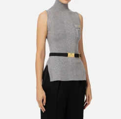 Maglieria E Felpe|Elisabetta Franchi Top dolcevita in lyocell e seta a costine con ricamo logo Grigiomelange