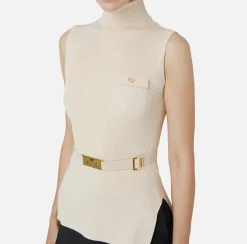 Maglieria E Felpe|Elisabetta Franchi Top dolcevita in lyocell e seta a costine con ricamo logo Lattice